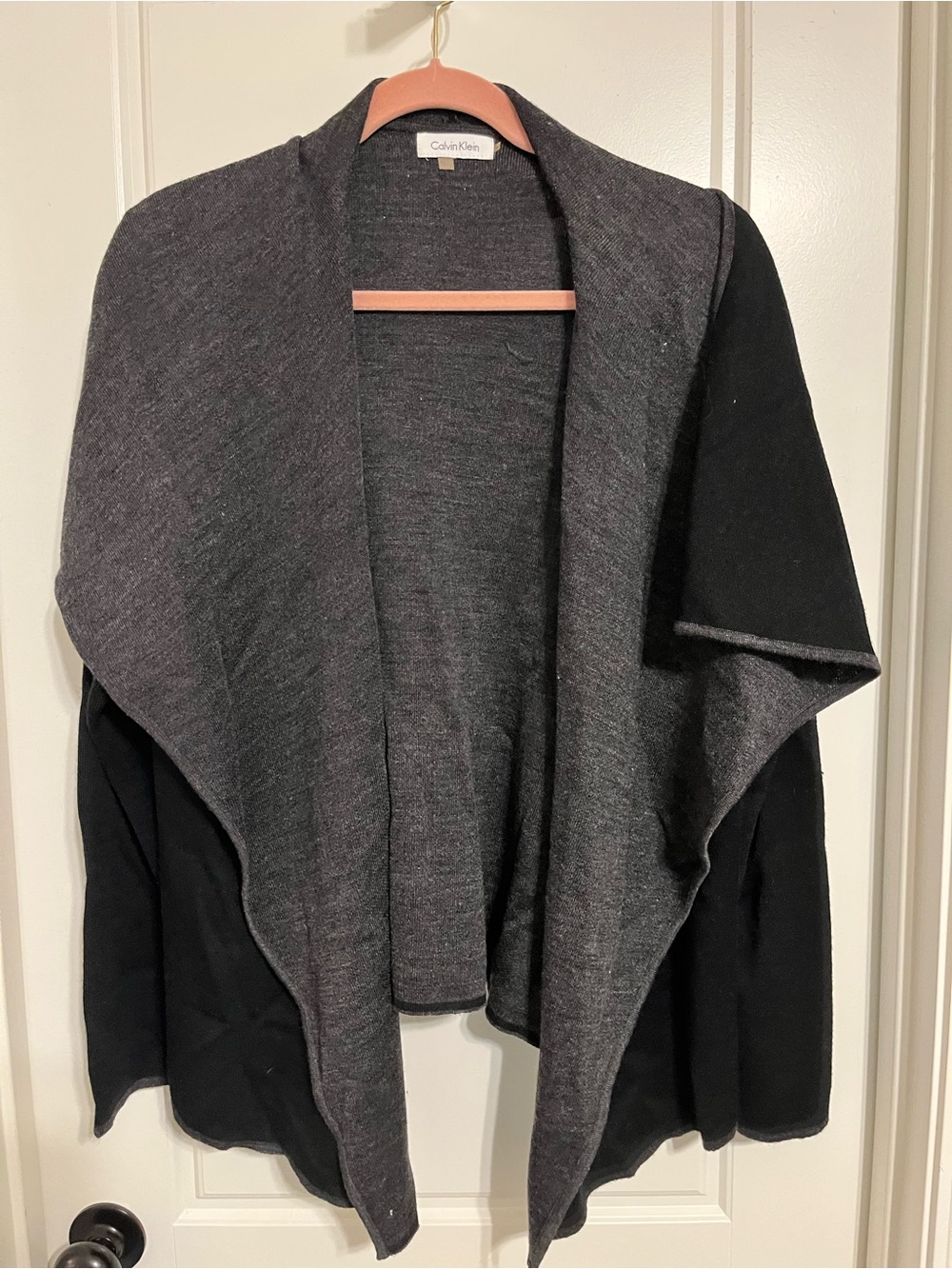 Calvin Klein Two-Tone Black and Charcoal Open-Front Waterfall Cardigan